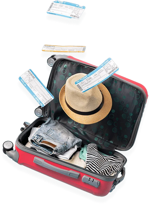 Mala de viagem aberta com chapéu, roupas e passagens